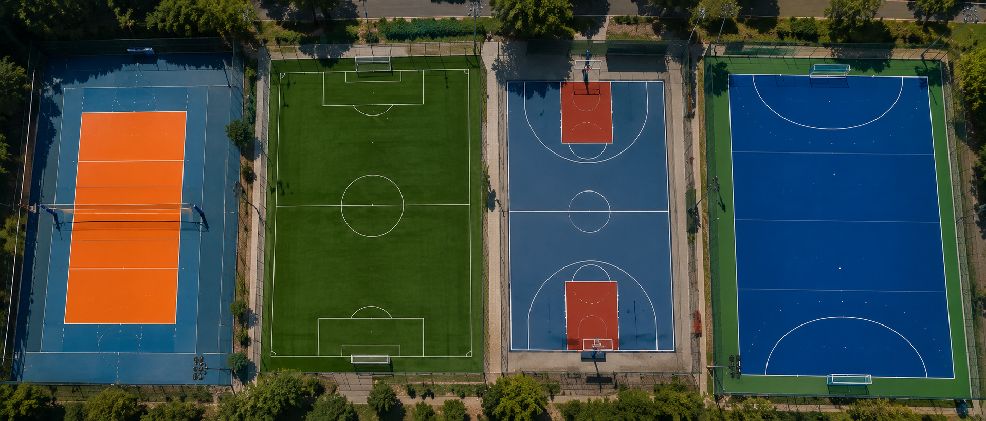Vista aérea de canchas de vóley, fútbol, básquetbol y fútbol sala